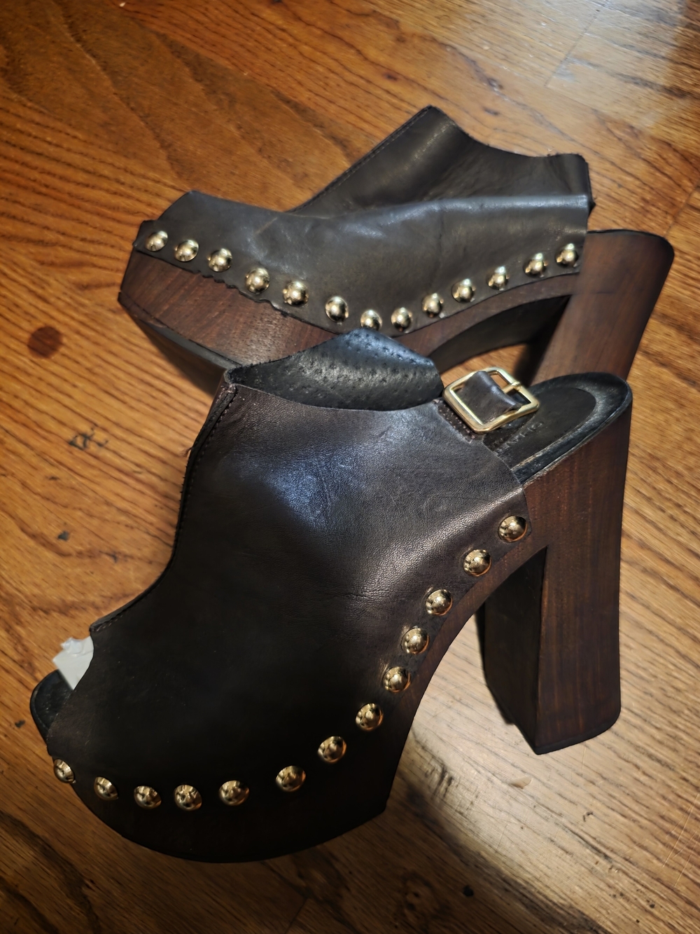 Studded Black Leather Platform Clog Heels - Women